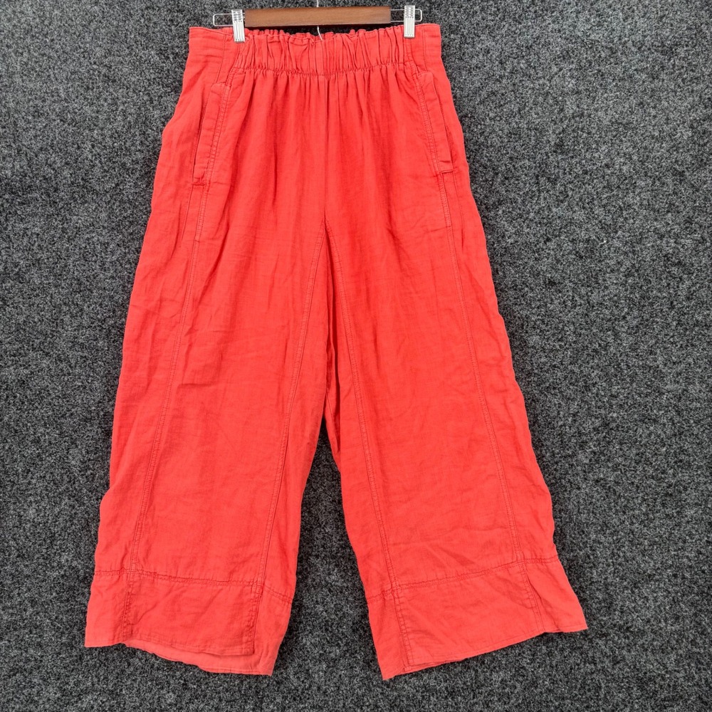 Free People Coral Red Linen Blend Wide Leg Crop Pants Elastic Waist Womens M